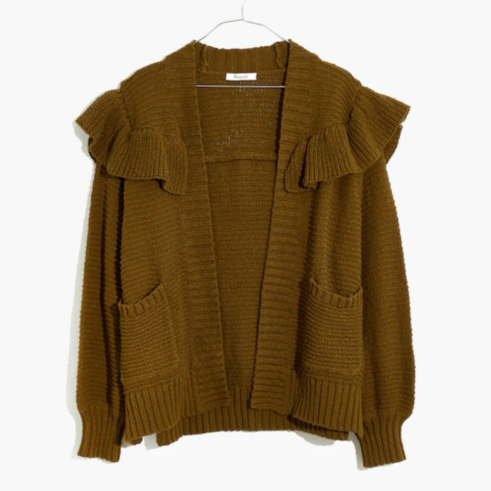 Madewell Olive Green Ruffle Cardigan Knit Sweater Medium MA699